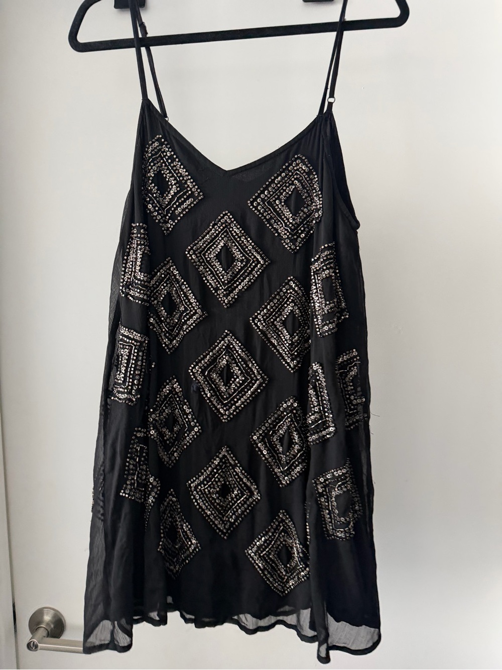 Vintage Black Beaded Slip Dress with Geometric Embellishment